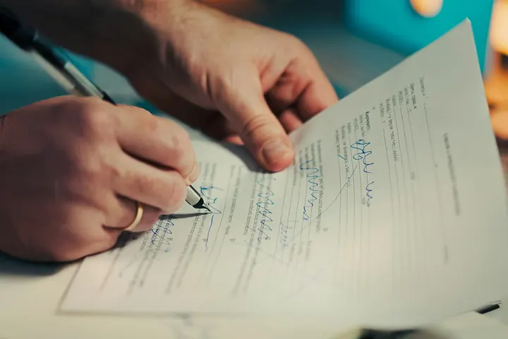 Mână care semnează un formular